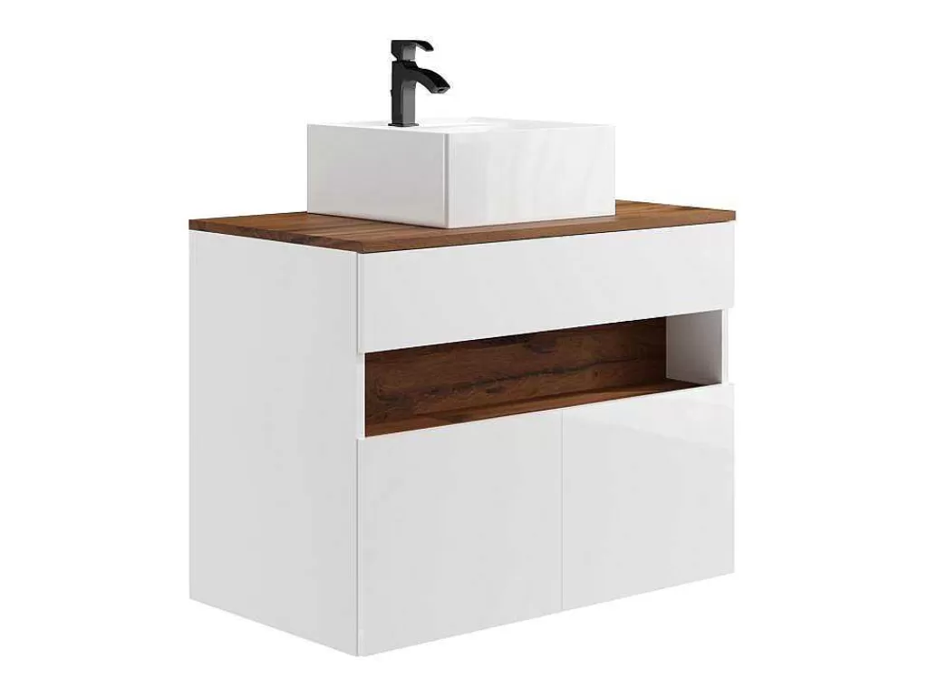 Móvel Lavatório Individual*Vente-unique Móvel De Casa De Banho Suspenso Com Leds E Lavatório De Pousar, Branco E Natural Escuro C80 Cm - Pozega