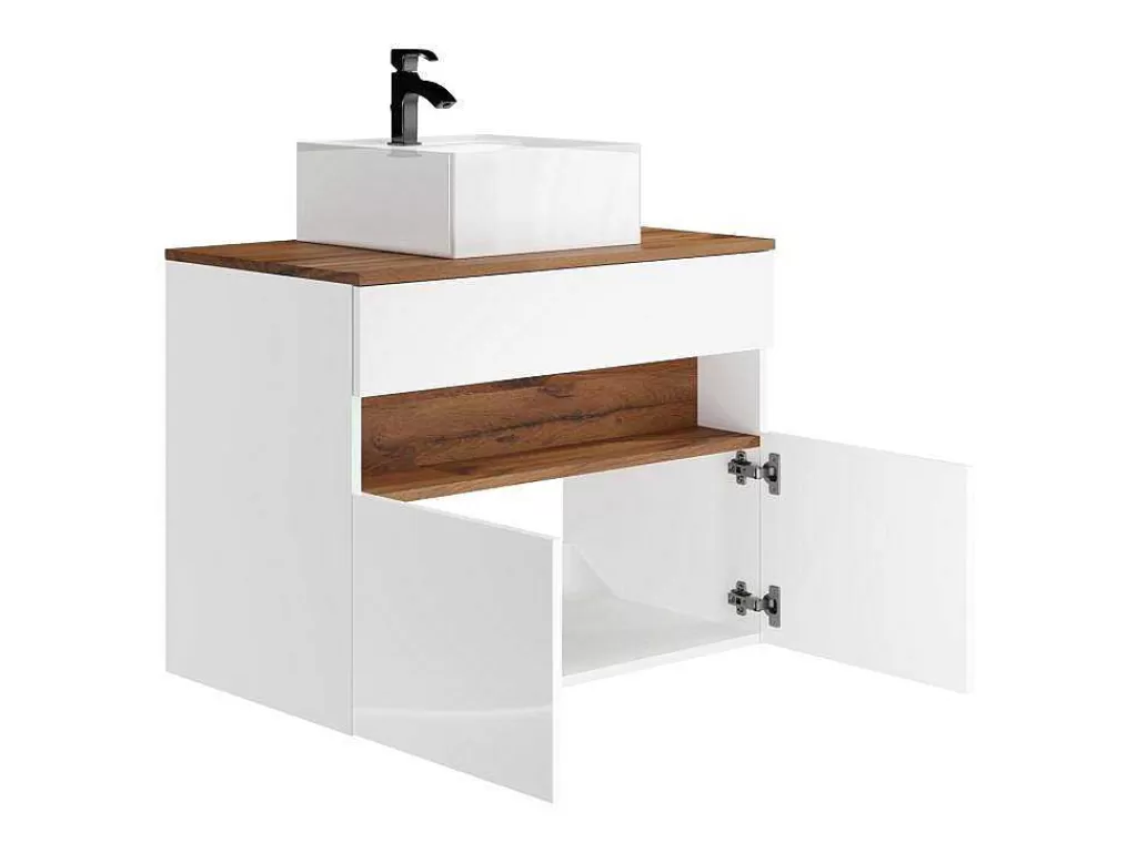 Móvel Lavatório Individual*Vente-unique Móvel De Casa De Banho Suspenso Com Leds E Lavatório De Pousar, Branco E Natural Escuro C80 Cm - Pozega