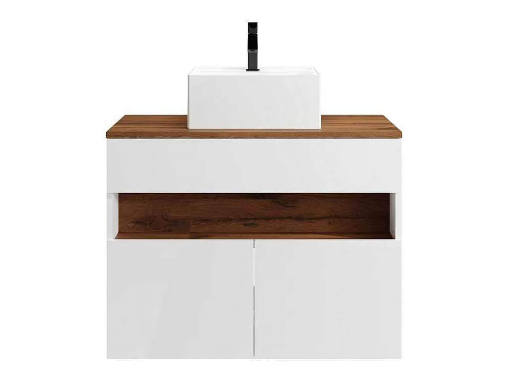 Móvel Lavatório Individual*Vente-unique Móvel De Casa De Banho Suspenso Com Leds E Lavatório De Pousar, Branco E Natural Escuro C80 Cm - Pozega
