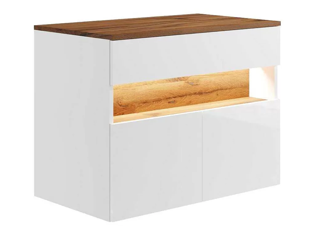 Móvel Lavatório Individual*Vente-unique Móvel De Casa De Banho Suspenso Com Leds E Lavatório De Pousar, Branco E Natural Escuro C80 Cm - Pozega