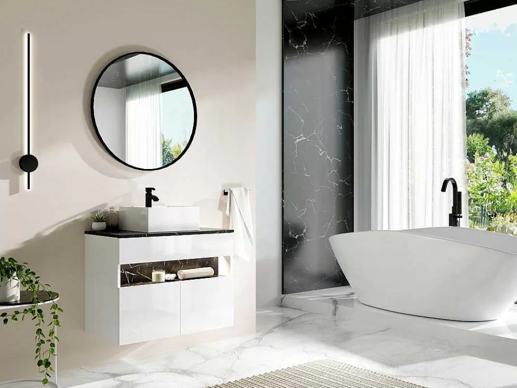Móvel Lavatório Individual*Vente-unique Móvel De Casa De Banho Suspenso Com Leds E Lavatório De Pousar, Branco E Preto Efeito Marmore C80 Cm - Pozega