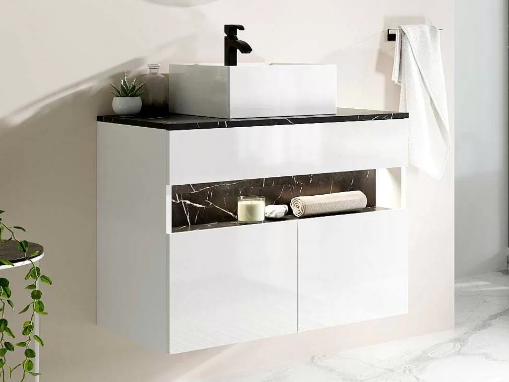Móvel Lavatório Individual*Vente-unique Móvel De Casa De Banho Suspenso Com Leds E Lavatório De Pousar, Branco E Preto Efeito Marmore C80 Cm - Pozega