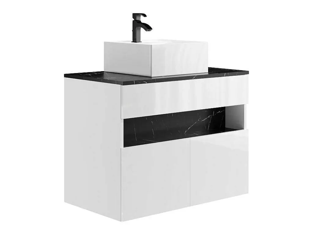 Móvel Lavatório Individual*Vente-unique Móvel De Casa De Banho Suspenso Com Leds E Lavatório De Pousar, Branco E Preto Efeito Marmore C80 Cm - Pozega