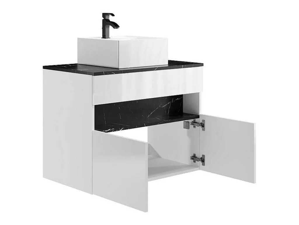Móvel Lavatório Individual*Vente-unique Móvel De Casa De Banho Suspenso Com Leds E Lavatório De Pousar, Branco E Preto Efeito Marmore C80 Cm - Pozega