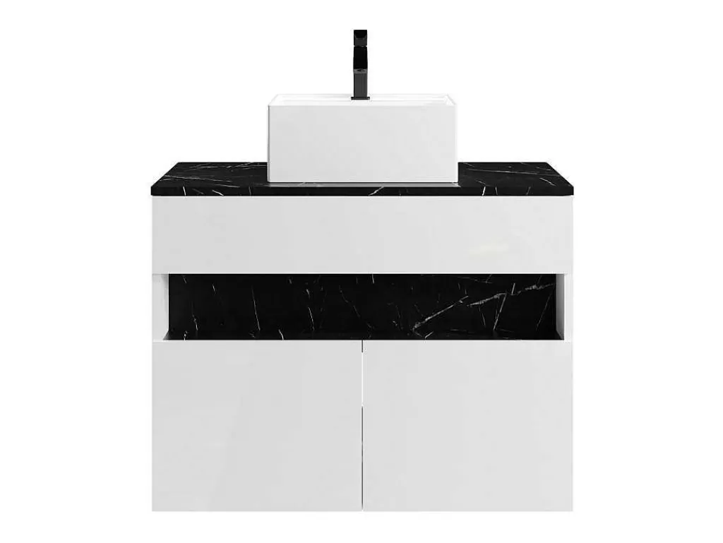 Móvel Lavatório Individual*Vente-unique Móvel De Casa De Banho Suspenso Com Leds E Lavatório De Pousar, Branco E Preto Efeito Marmore C80 Cm - Pozega