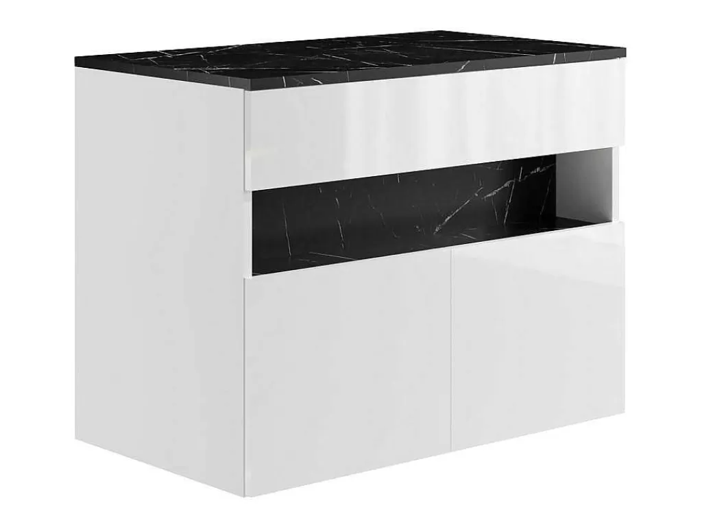 Móvel Lavatório Individual*Vente-unique Móvel De Casa De Banho Suspenso Com Leds E Lavatório De Pousar, Branco E Preto Efeito Marmore C80 Cm - Pozega