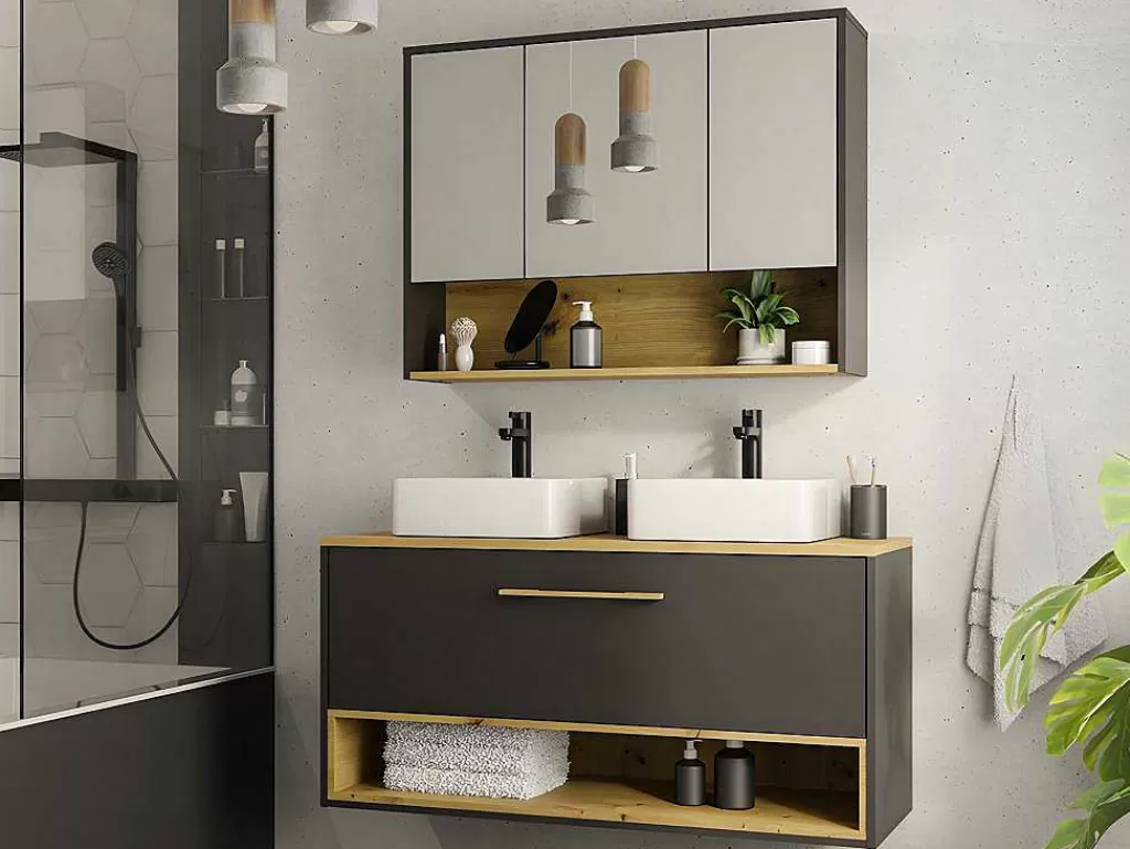 Móvel Lavatório Duplo*Vente-unique Móvel De Casa De Banho Suspenso Cor Antracite Com Lavatório Duplo E Armário De Casa De Banho De 120 Cm - Yangra