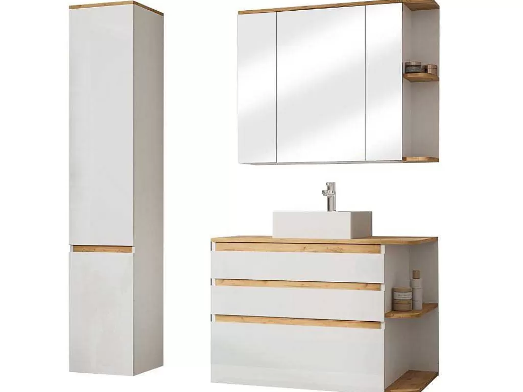Móvel Lavatório Individual*Vente-unique Móvel De Casa De Banho Suspenso Cor Madeira E Branco Com Lavatório Individual, Coluna E Armário De Casa De Banho 94 Cm - Anida