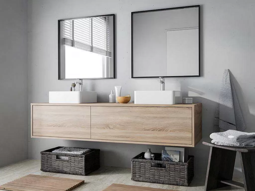 Móvel Lavatório Duplo*Vente-unique Móvel De Casa De Banho Suspenso Cor Natural Clara Com Lavatório Duplo C150 Cm - Isaure Ii