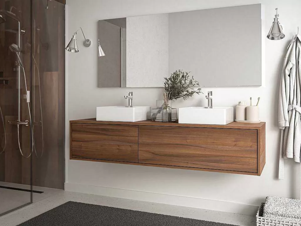 Móvel Lavatório Duplo*Vente-unique Móvel De Casa De Banho Suspenso Cor Natural Escura Com Lavatório Duplo C150 Cm - Isaure Ii