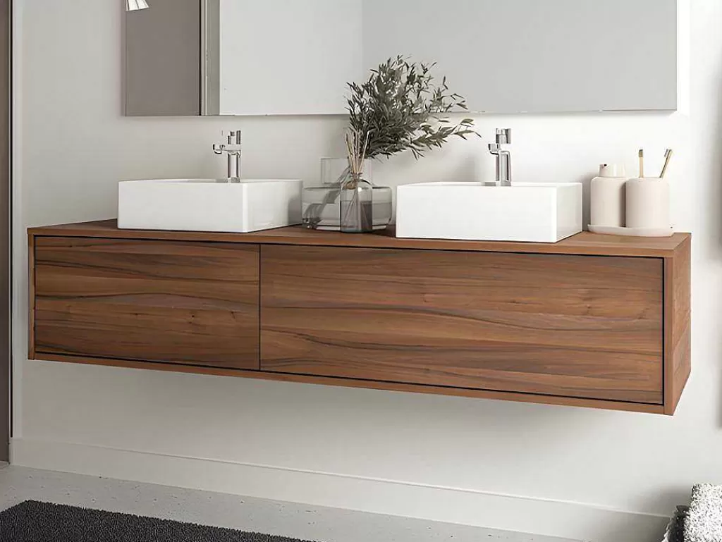 Móvel Lavatório Duplo*Vente-unique Móvel De Casa De Banho Suspenso Cor Natural Escura Com Lavatório Duplo C150 Cm - Isaure Ii