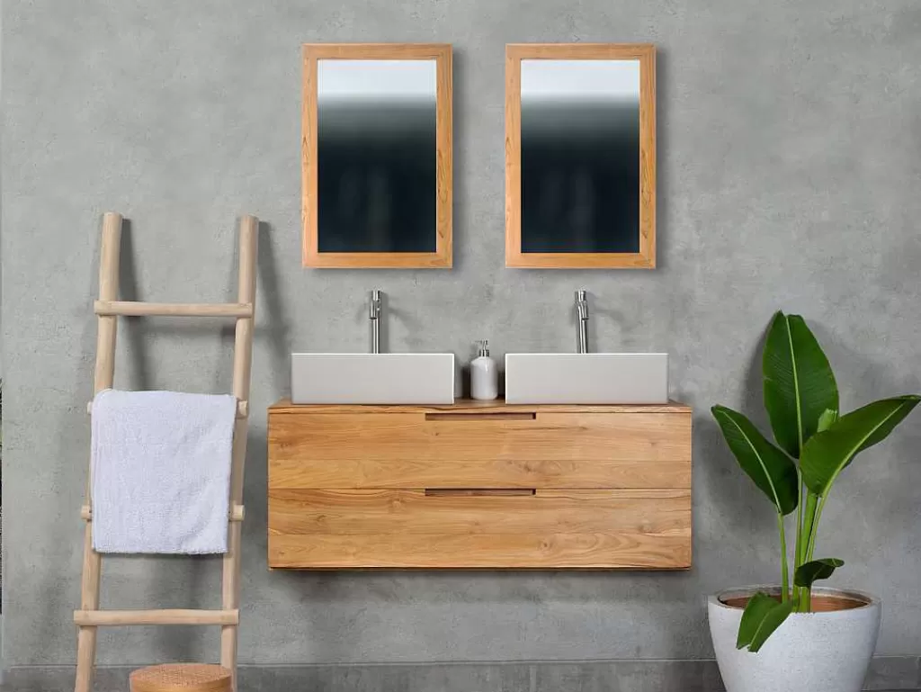 Móvel Lavatório Duplo*Vente-unique Móvel De Casa De Banho Suspenso Em Teca Clara Com Lavatório Duplo Com 2 Gavetas De 115 Cm - Bimbing