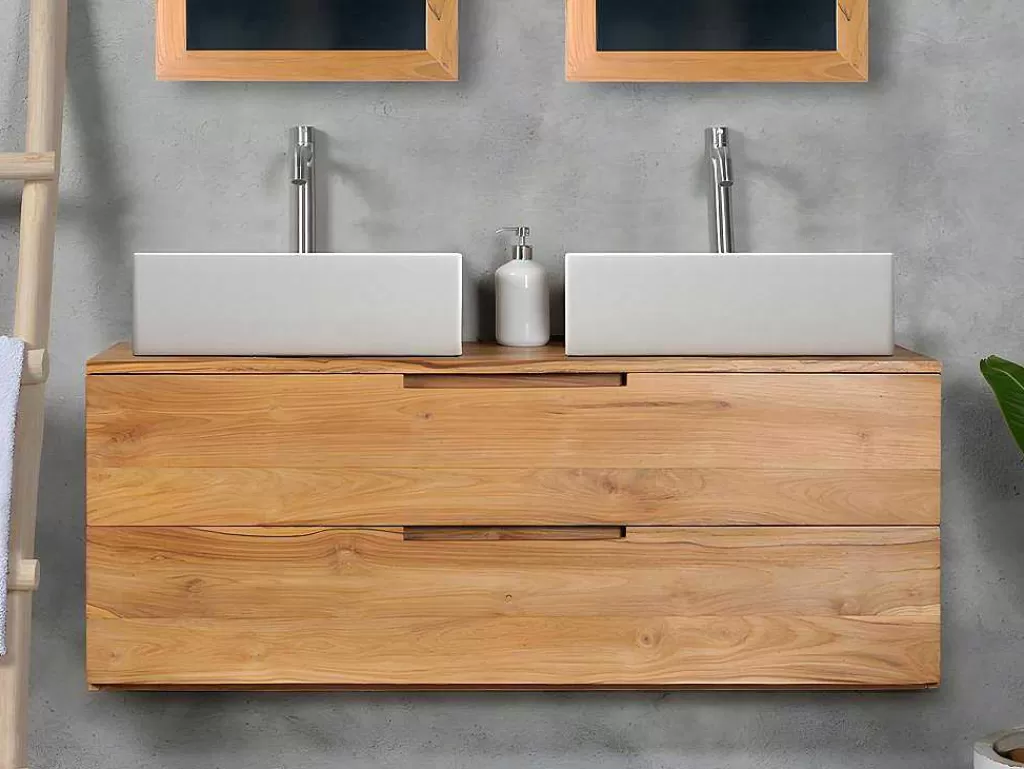 Móvel Lavatório Duplo*Vente-unique Móvel De Casa De Banho Suspenso Em Teca Clara Com Lavatório Duplo Com 2 Gavetas De 115 Cm - Bimbing