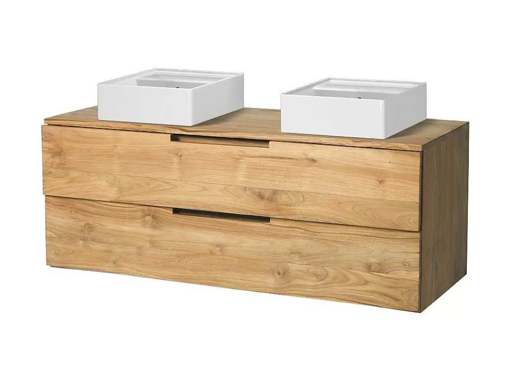Móvel Lavatório Duplo*Vente-unique Móvel De Casa De Banho Suspenso Em Teca Clara Com Lavatório Duplo Com 2 Gavetas De 115 Cm - Bimbing