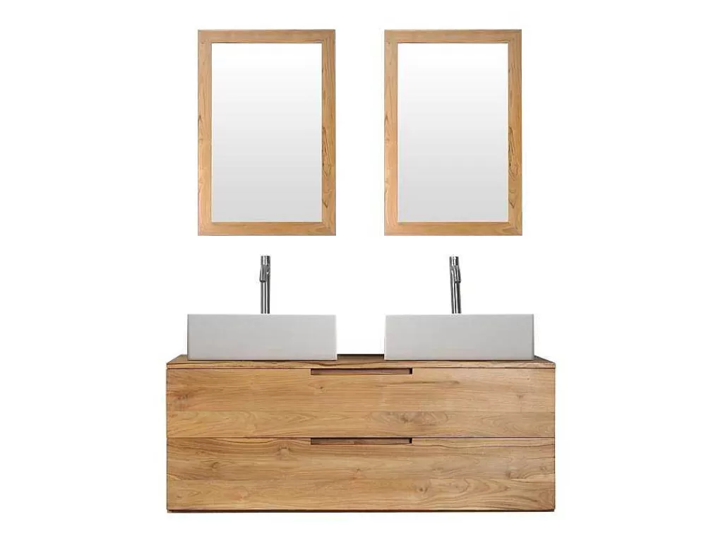 Móvel Lavatório Duplo*Vente-unique Móvel De Casa De Banho Suspenso Em Teca Clara Com Lavatório Duplo E Espelhos Com 2 Gavetas De 115 Cm - Bimbing