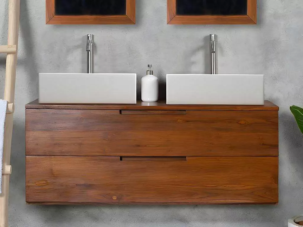 Móvel Lavatório Duplo*Vente-unique Móvel De Casa De Banho Suspenso Em Teca Escura Com Lavatório Duplo Com 2 Gavetas De 115 Cm - Bimbing