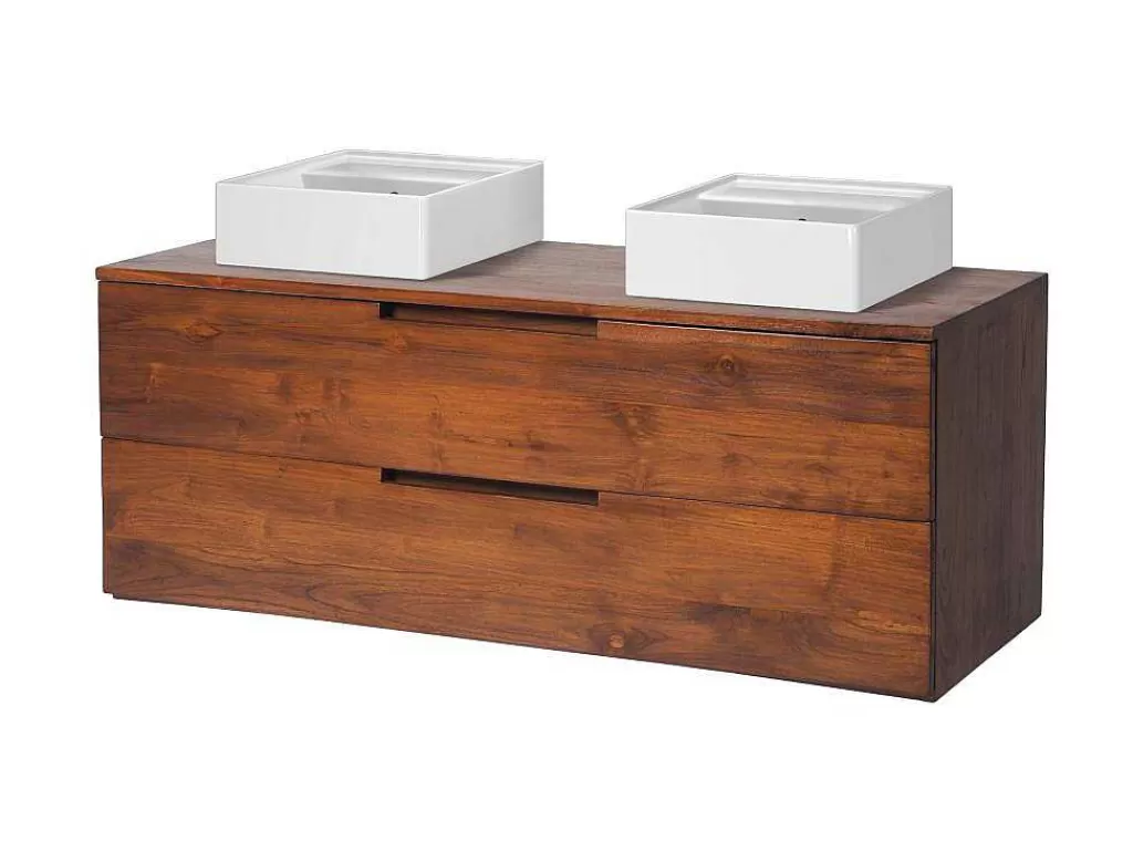 Móvel Lavatório Duplo*Vente-unique Móvel De Casa De Banho Suspenso Em Teca Escura Com Lavatório Duplo Com 2 Gavetas De 115 Cm - Bimbing