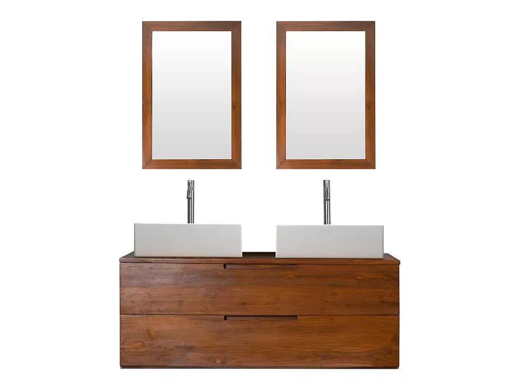 Móvel Lavatório Duplo*Vente-unique Móvel De Casa De Banho Suspenso Em Teca Escura Com Lavatório Duplo E Espelhos Com 2 Gavetas De 115 Cm - Bimbing