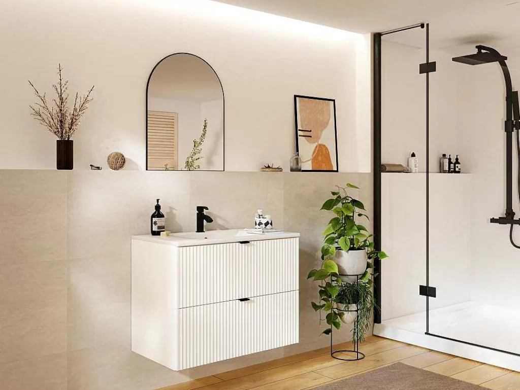 Móvel Lavatório Individual*Vente-unique Móvel De Casa De Banho Suspenso Estriado Com Lavatório De Encastrar Branco C80 Cm - Zevini