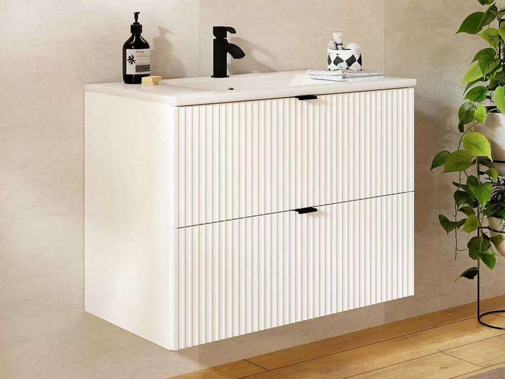 Móvel Lavatório Individual*Vente-unique Móvel De Casa De Banho Suspenso Estriado Com Lavatório De Encastrar Branco C80 Cm - Zevini
