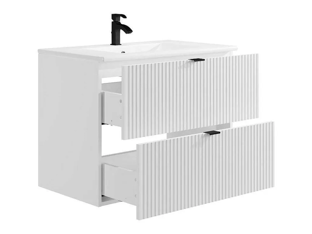 Móvel Lavatório Individual*Vente-unique Móvel De Casa De Banho Suspenso Estriado Com Lavatório De Encastrar Branco C80 Cm - Zevini