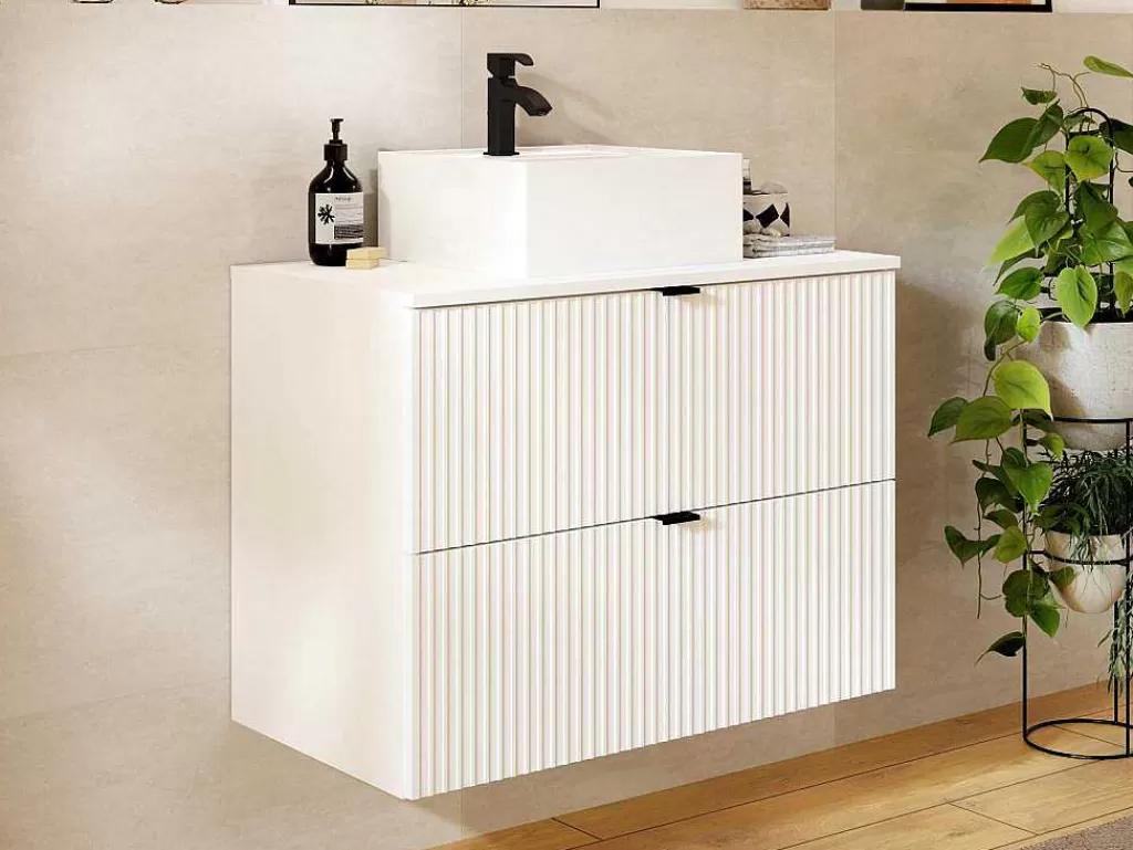 Móvel Lavatório Individual*Vente-unique Móvel De Casa De Banho Suspenso Estriado Com Lavatório De Pousar Branco C80 Cm - Zevini