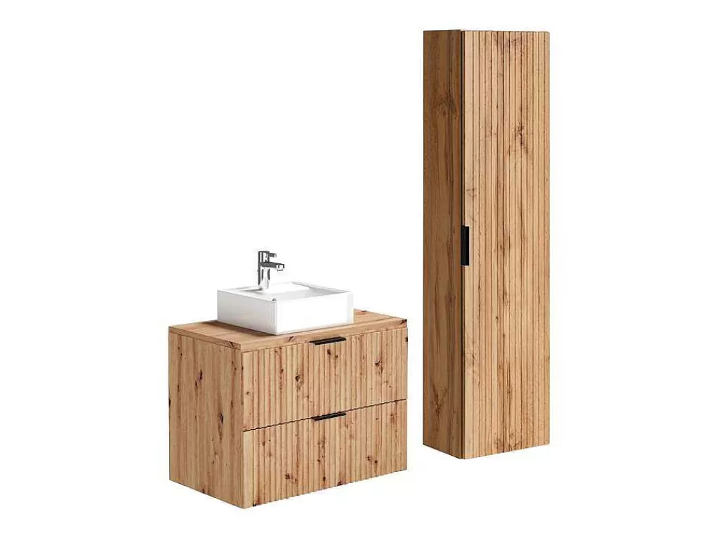 Móvel Lavatório Individual*Vente-unique Móvel De Casa De Banho Suspenso Estriado Com Lavatório De Pousar Natural Claro 80 Cm - Zevara