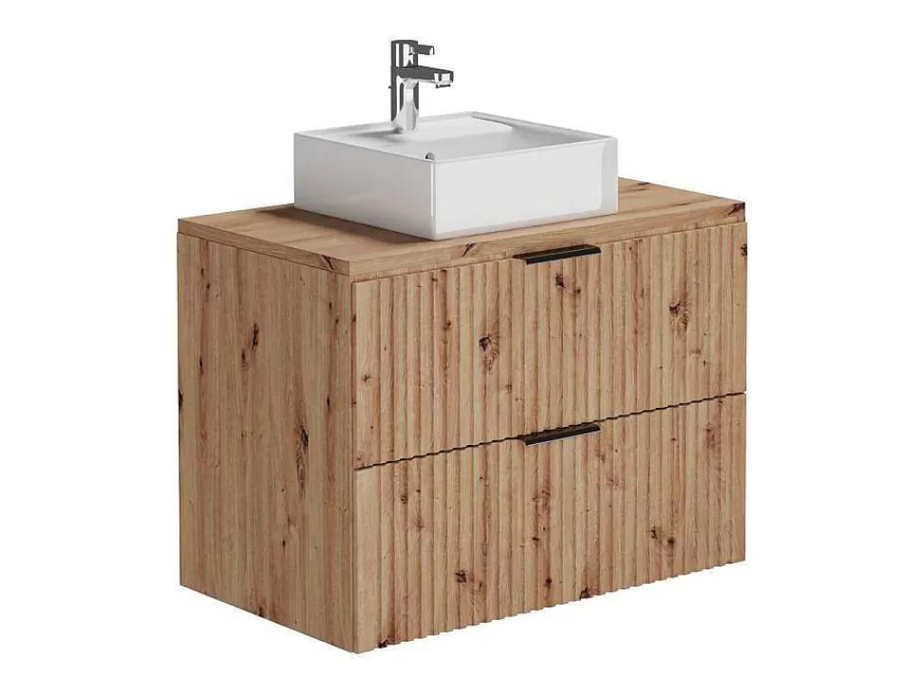 Móvel Lavatório Individual*Vente-unique Móvel De Casa De Banho Suspenso Estriado Com Lavatório De Pousar Natural Claro 80 Cm - Zevara