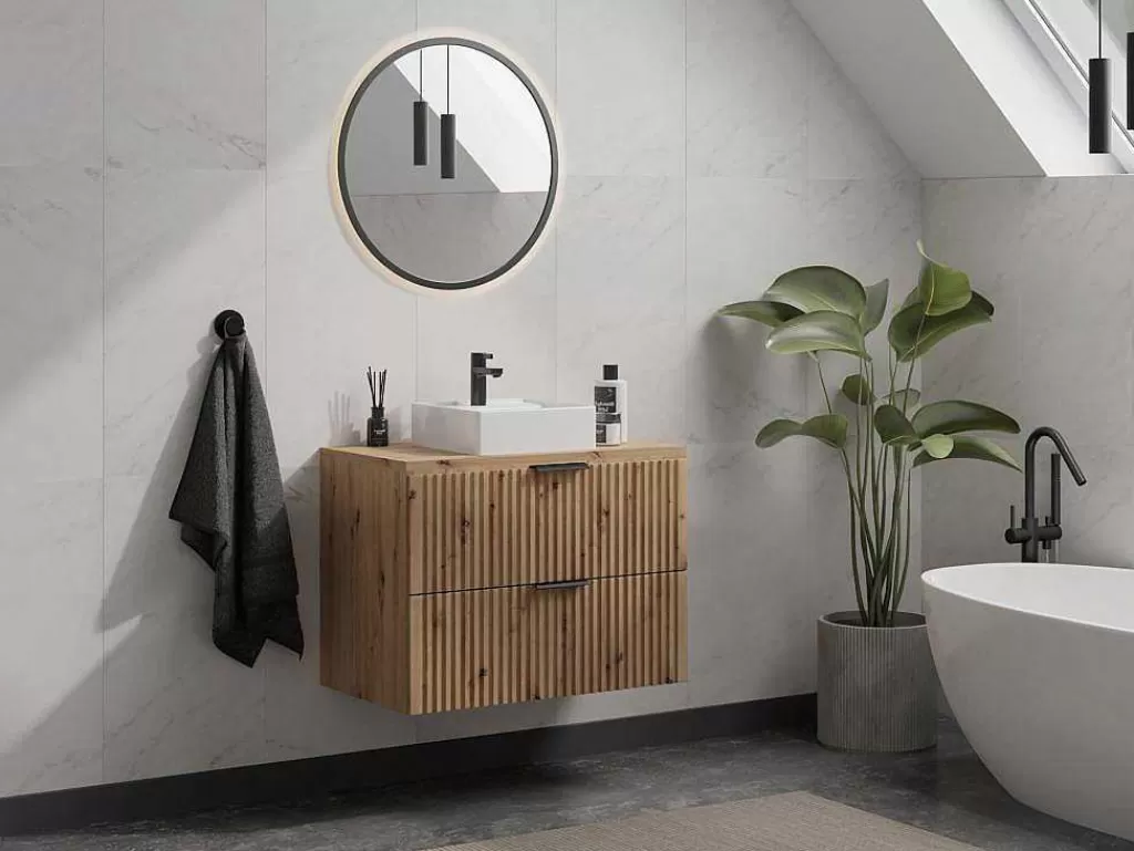 Móvel Lavatório Individual*Vente-unique Móvel De Casa De Banho Suspenso Estriado Com Lavatório De Pousar, Natural Claro, L80 Cm - Zevara