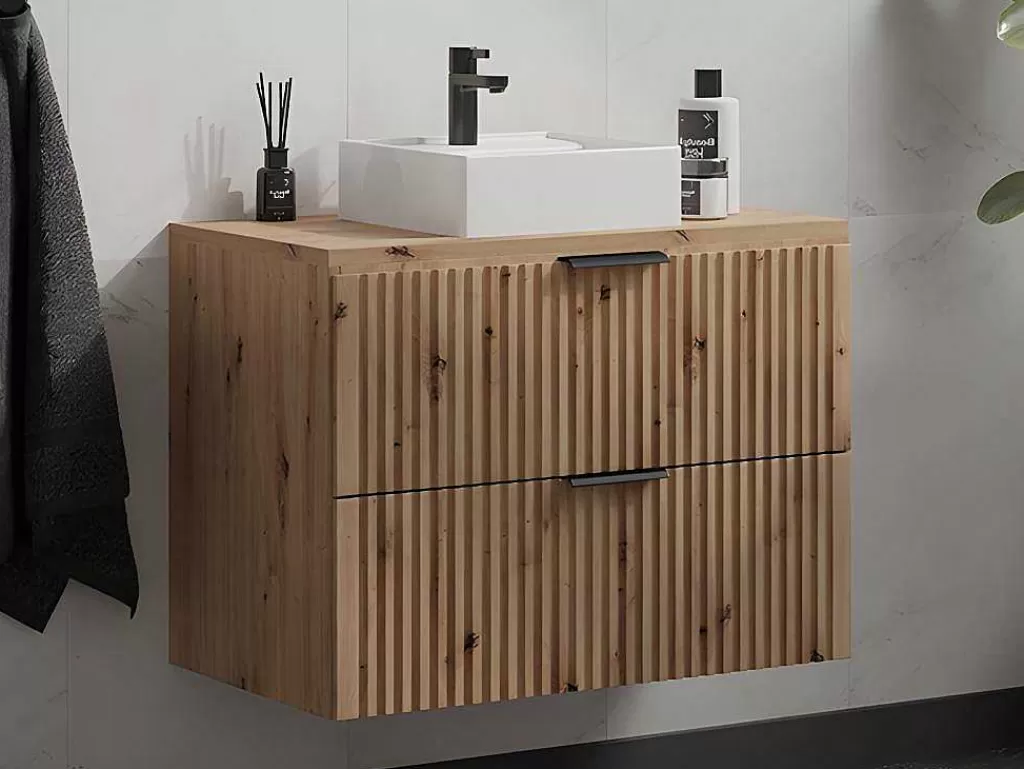 Móvel Lavatório Individual*Vente-unique Móvel De Casa De Banho Suspenso Estriado Com Lavatório De Pousar, Natural Claro, L80 Cm - Zevara