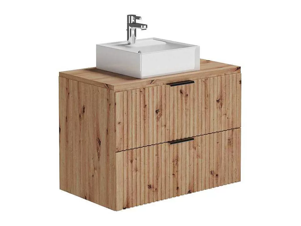 Móvel Lavatório Individual*Vente-unique Móvel De Casa De Banho Suspenso Estriado Com Lavatório De Pousar, Natural Claro, L80 Cm - Zevara