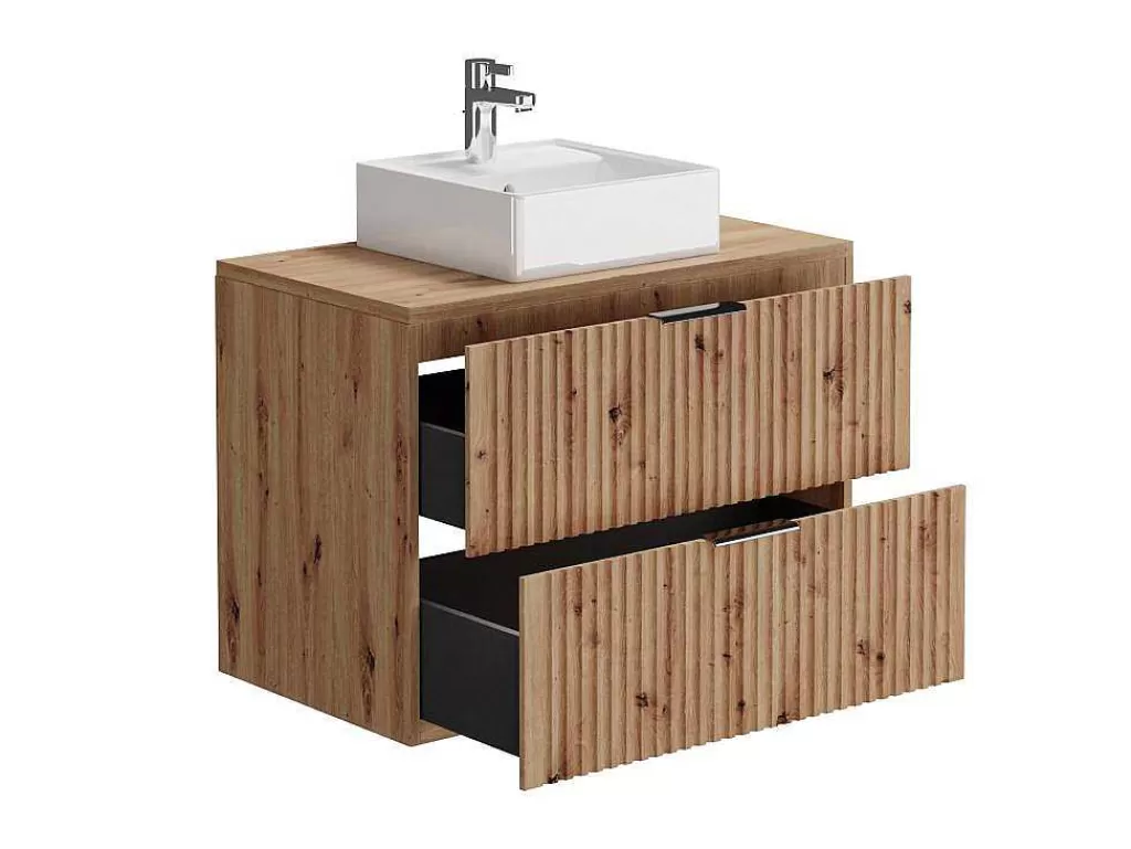 Móvel Lavatório Individual*Vente-unique Móvel De Casa De Banho Suspenso Estriado Com Lavatório De Pousar, Natural Claro, L80 Cm - Zevara