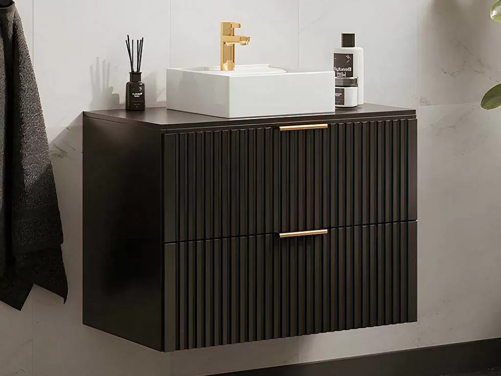 Móvel Lavatório Individual*Vente-unique Móvel De Casa De Banho Suspenso Estriado Com Lavatório De Pousar Preto 80 Cm - Zevara