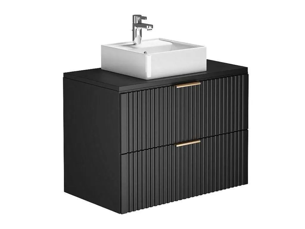 Móvel Lavatório Individual*Vente-unique Móvel De Casa De Banho Suspenso Estriado Com Lavatório De Pousar Preto 80 Cm - Zevara