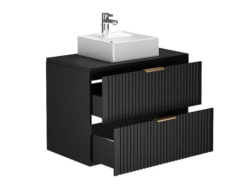 Móvel Lavatório Individual*Vente-unique Móvel De Casa De Banho Suspenso Estriado Com Lavatório De Pousar Preto 80 Cm - Zevara