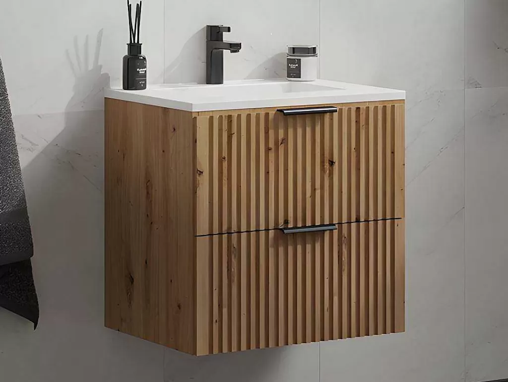Móvel Lavatório Individual*Vente-unique Móvel De Casa De Banho Suspenso Estriado Com Lavatório Embutido, Natural Claro, L60 Cm - Zevara