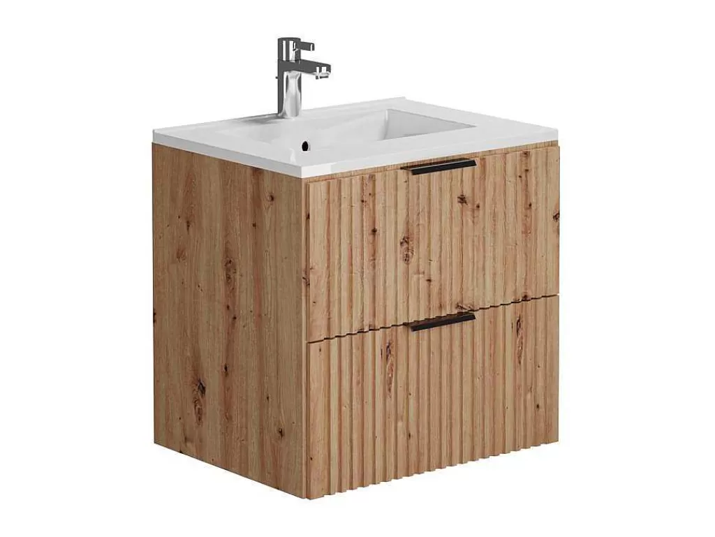 Móvel Lavatório Individual*Vente-unique Móvel De Casa De Banho Suspenso Estriado Com Lavatório Embutido, Natural Claro, L60 Cm - Zevara