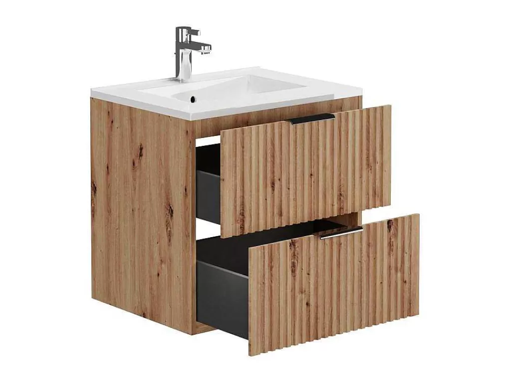 Móvel Lavatório Individual*Vente-unique Móvel De Casa De Banho Suspenso Estriado Com Lavatório Embutido, Natural Claro, L60 Cm - Zevara