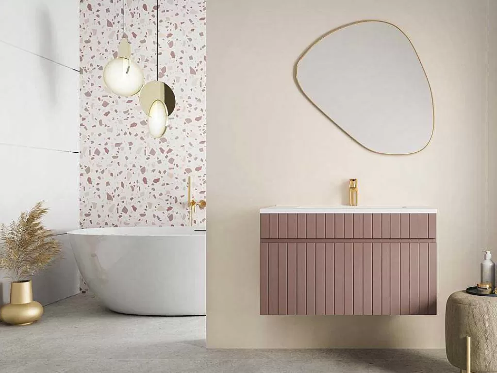 Móvel Lavatório Individual*Vente-unique Móvel De Casa De Banho Suspenso Estriado Cor-De-Rosa Com Lavatório De Encastrar 80 Cm - Satara