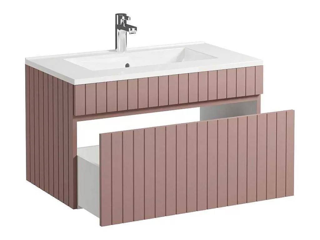 Móvel Lavatório Individual*Vente-unique Móvel De Casa De Banho Suspenso Estriado Cor-De-Rosa Com Lavatório De Encastrar 80 Cm - Satara