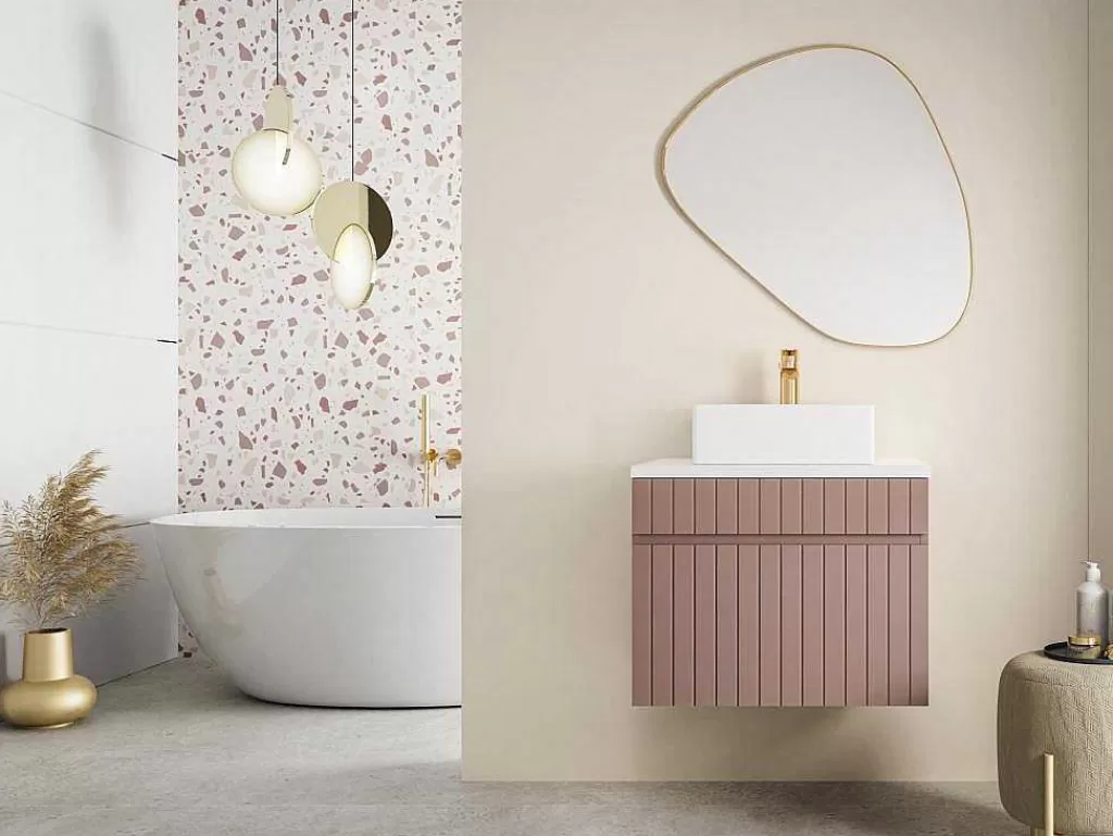 Móvel Lavatório Individual*Vente-unique Móvel De Casa De Banho Suspenso Estriado Cor-De-Rosa Com Lavatório De Pousar 60 Cm - Satara