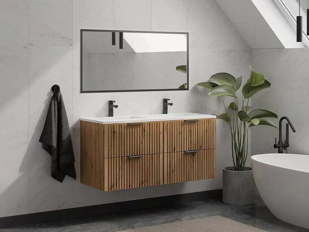 Móvel Lavatório Duplo*Vente-unique Móvel De Casa De Banho Suspenso Estriado Lavatório De Encastrar Natural Claro 120 Cm - Zevara