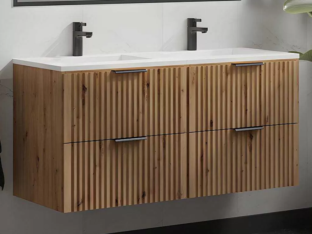 Móvel Lavatório Duplo*Vente-unique Móvel De Casa De Banho Suspenso Estriado Lavatório De Encastrar Natural Claro 120 Cm - Zevara