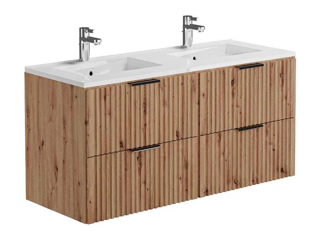 Móvel Lavatório Duplo*Vente-unique Móvel De Casa De Banho Suspenso Estriado Lavatório De Encastrar Natural Claro 120 Cm - Zevara