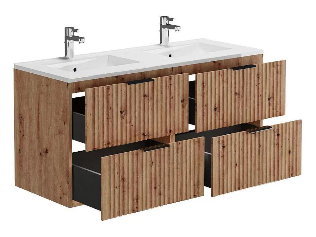Móvel Lavatório Duplo*Vente-unique Móvel De Casa De Banho Suspenso Estriado Lavatório De Encastrar Natural Claro 120 Cm - Zevara