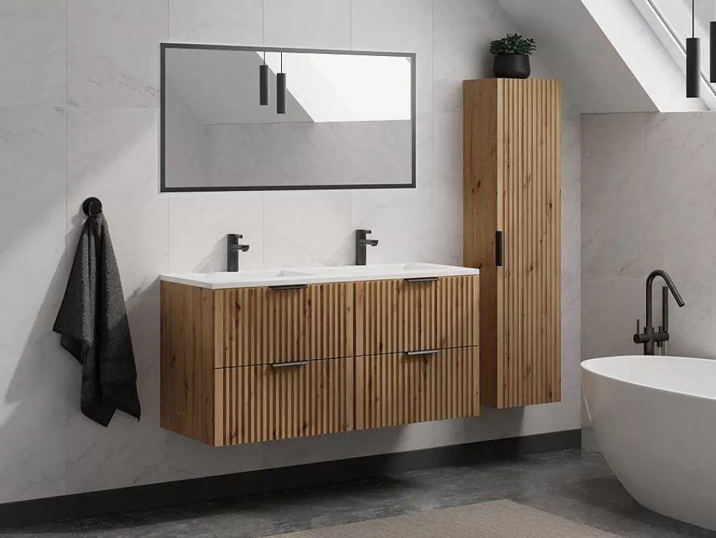 Móvel Lavatório Duplo*Vente-unique Móvel De Casa De Banho Suspenso Estriado Lavatório De Encastrar Natural Claro 120 Cm - Zevara