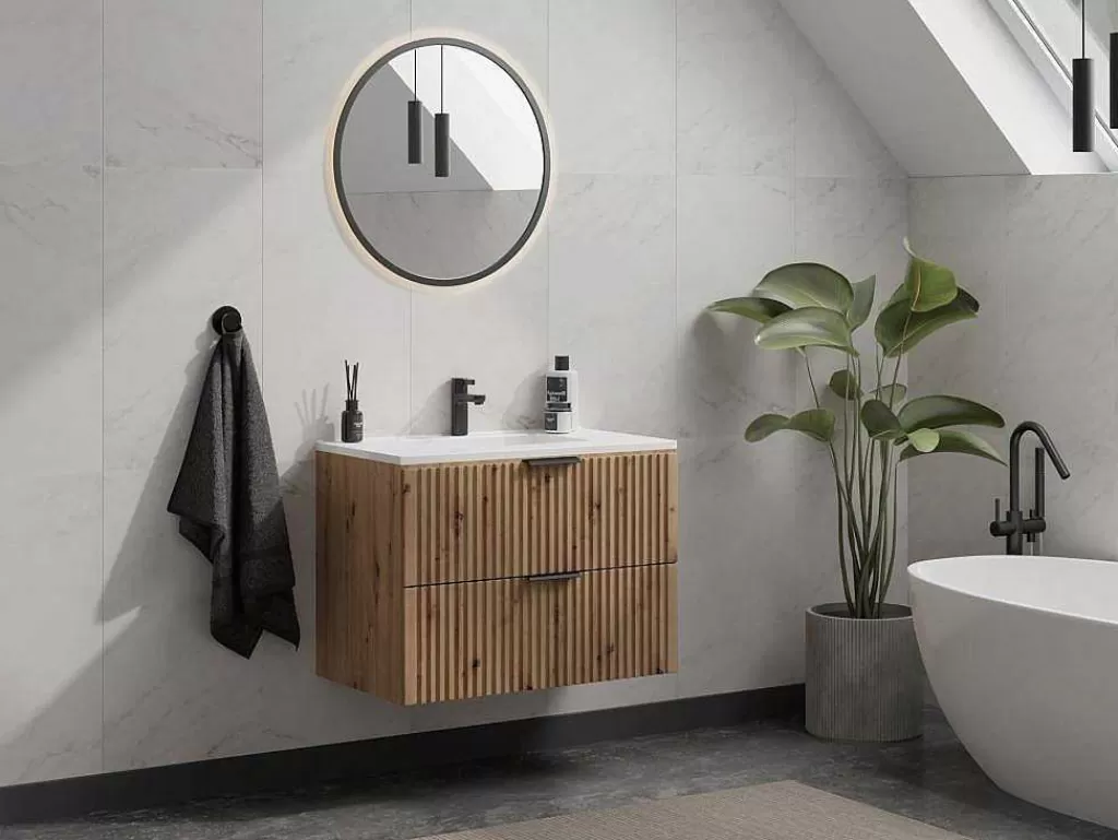 Móvel Lavatório Individual*Vente-unique Móvel De Casa De Banho Suspenso Estriado Lavatório De Encastrar Natural Claro 80 Cm - Zevara
