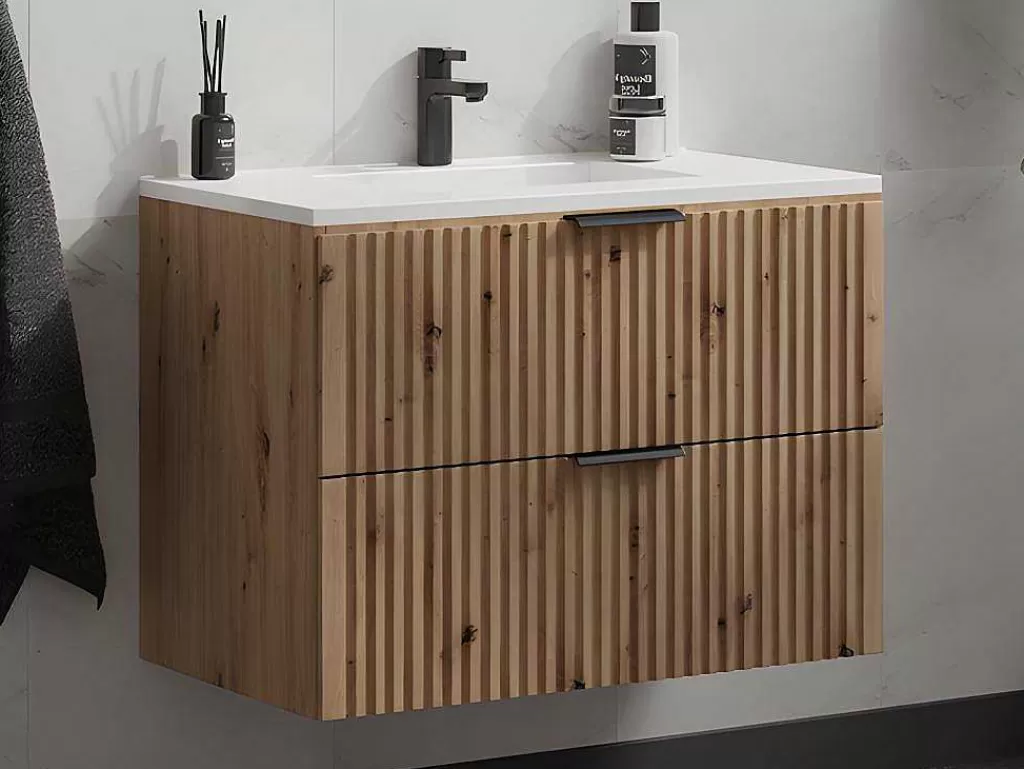 Móvel Lavatório Individual*Vente-unique Móvel De Casa De Banho Suspenso Estriado Lavatório De Encastrar Natural Claro 80 Cm - Zevara