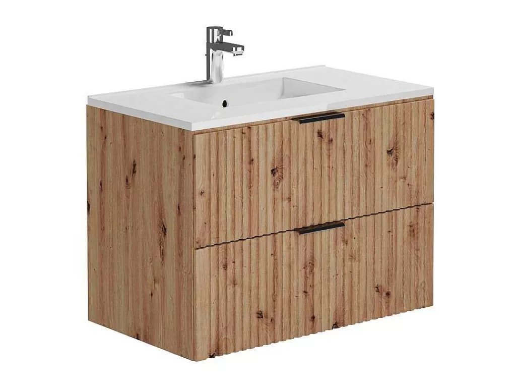 Móvel Lavatório Individual*Vente-unique Móvel De Casa De Banho Suspenso Estriado Lavatório De Encastrar Natural Claro 80 Cm - Zevara