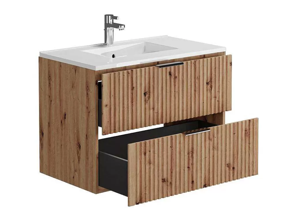 Móvel Lavatório Individual*Vente-unique Móvel De Casa De Banho Suspenso Estriado Lavatório De Encastrar Natural Claro 80 Cm - Zevara